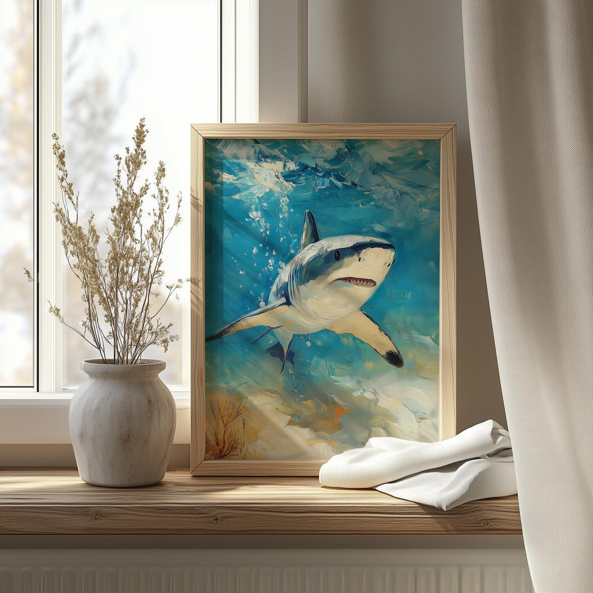 Sunlit Shark animal art print shown in a room setting
