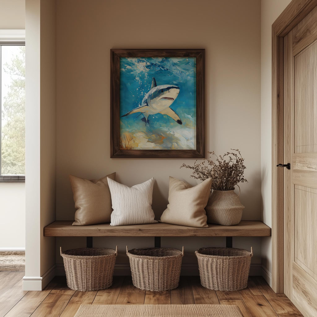 Sunlit Shark animal art print shown in a room setting