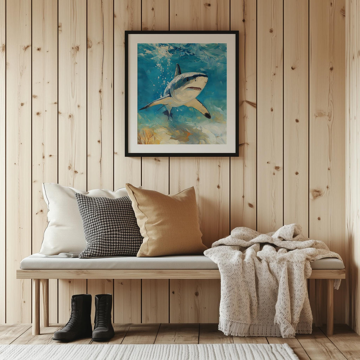 Sunlit Shark animal art print shown in a room setting