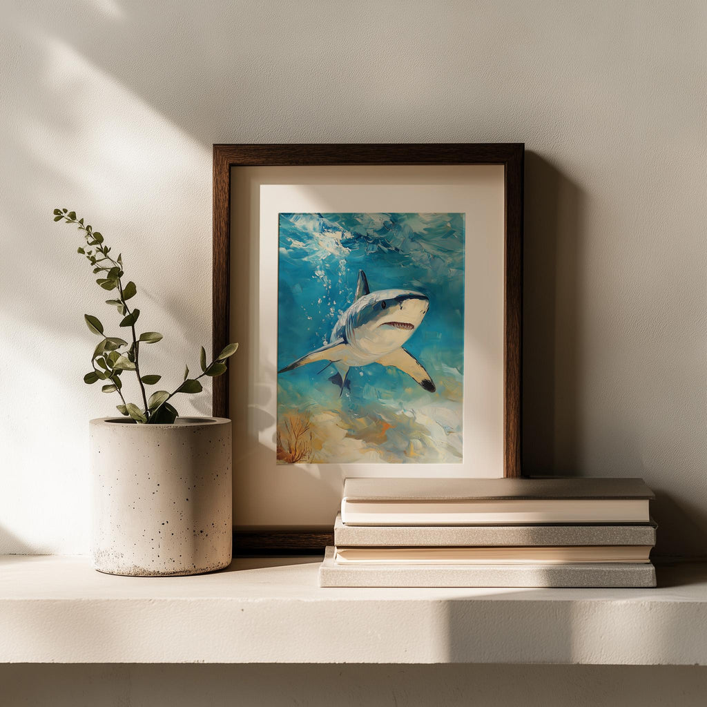 Sunlit Shark animal art print shown in a room setting