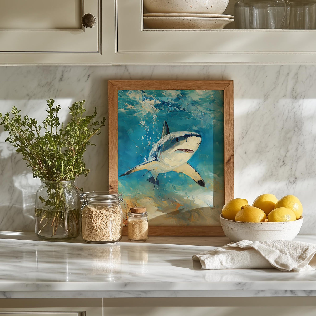 Sunlit Shark animal art print shown in a room setting