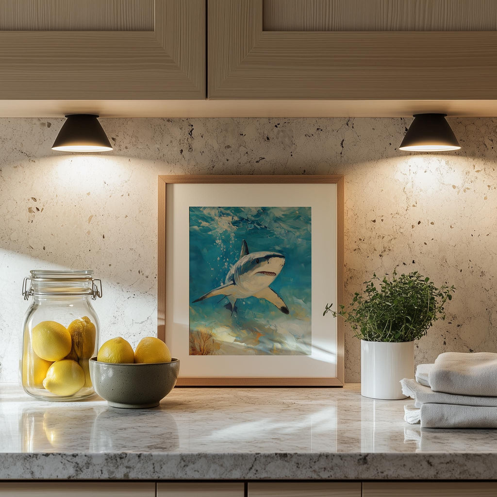 Sunlit Shark animal art print shown in a room setting
