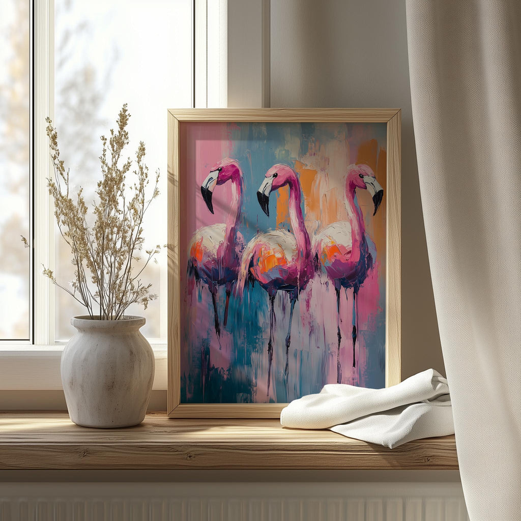 Flamingo Trio animal art print shown in a room setting