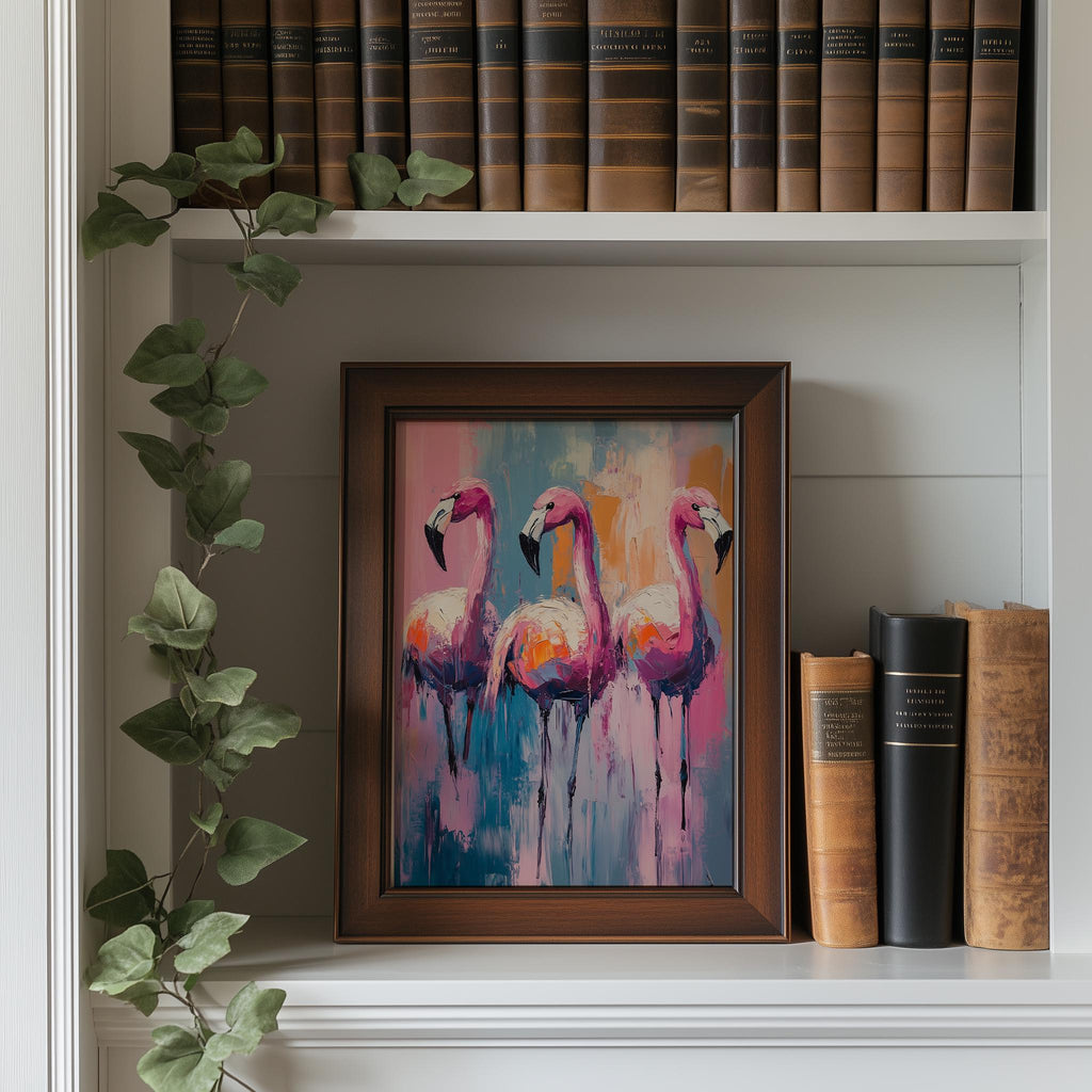 Flamingo Trio animal art print shown in a room setting