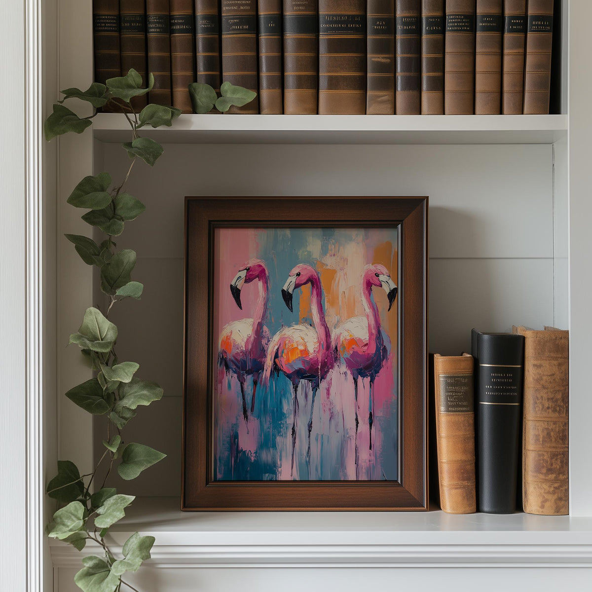 Flamingo Trio animal art print shown in a room setting