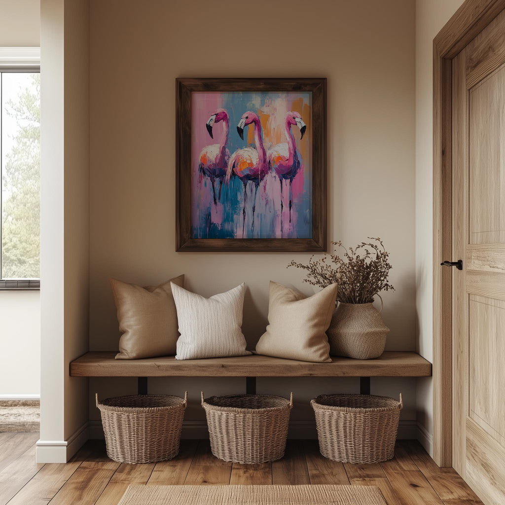 Flamingo Trio animal art print shown in a room setting