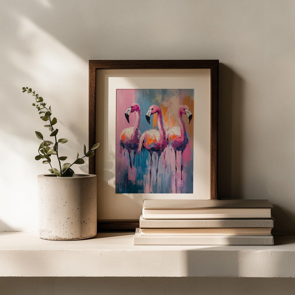 Flamingo Trio animal art print shown in a room setting