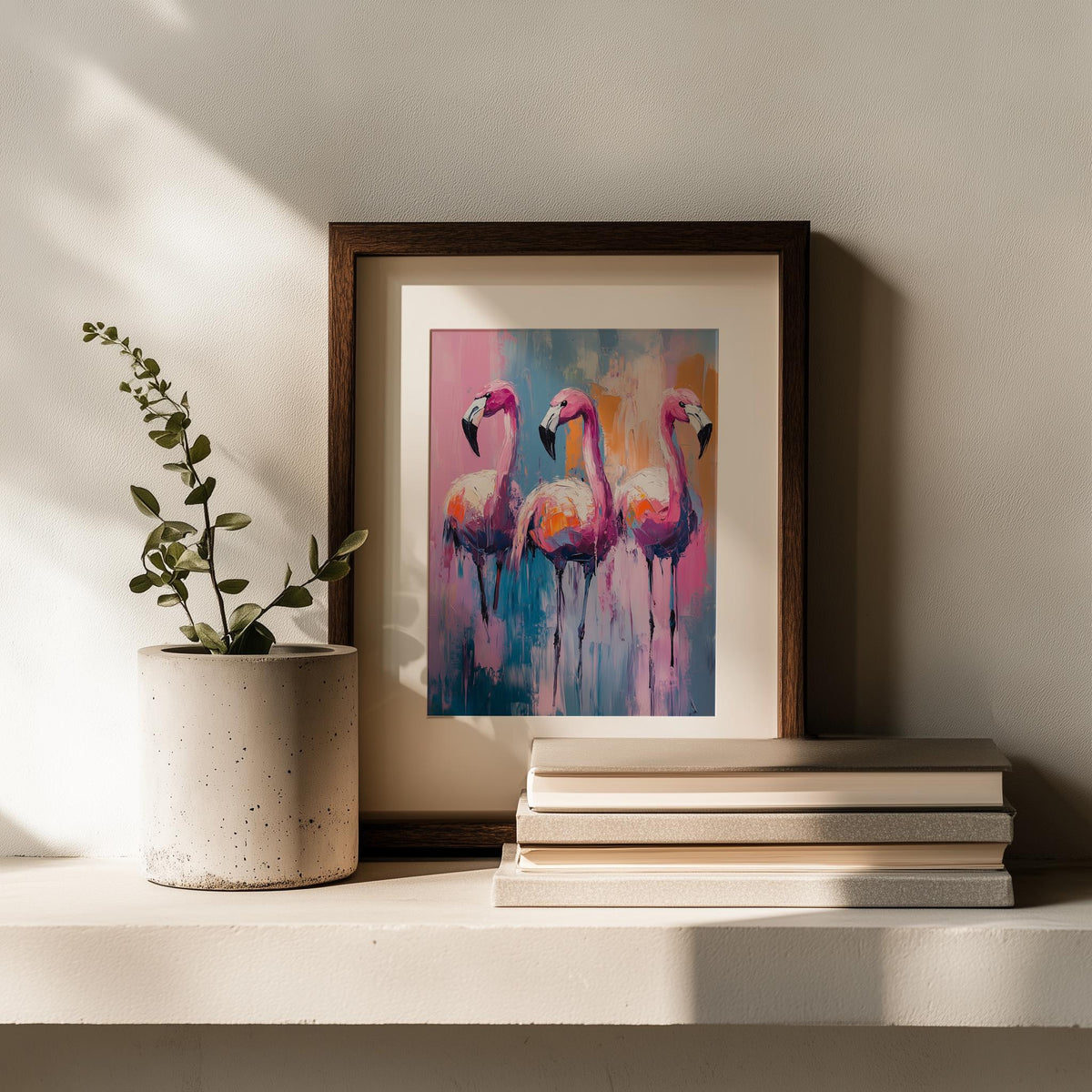 Flamingo Trio animal art print shown in a room setting