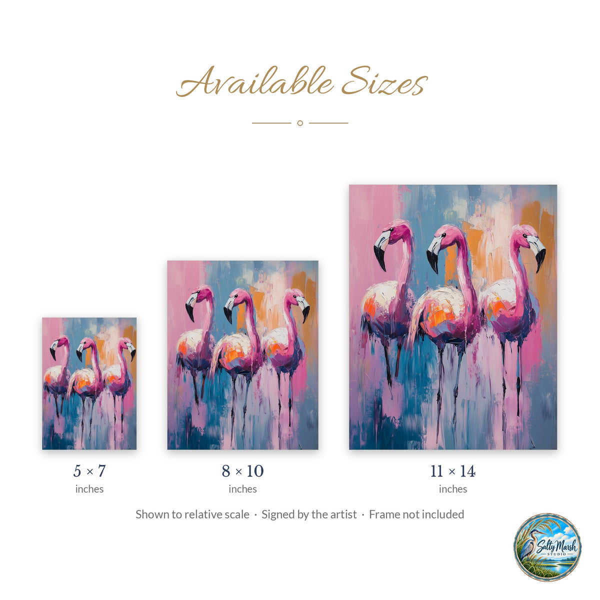Flamingo Trio art print size guide: 5x7, 8x10 and 11x14