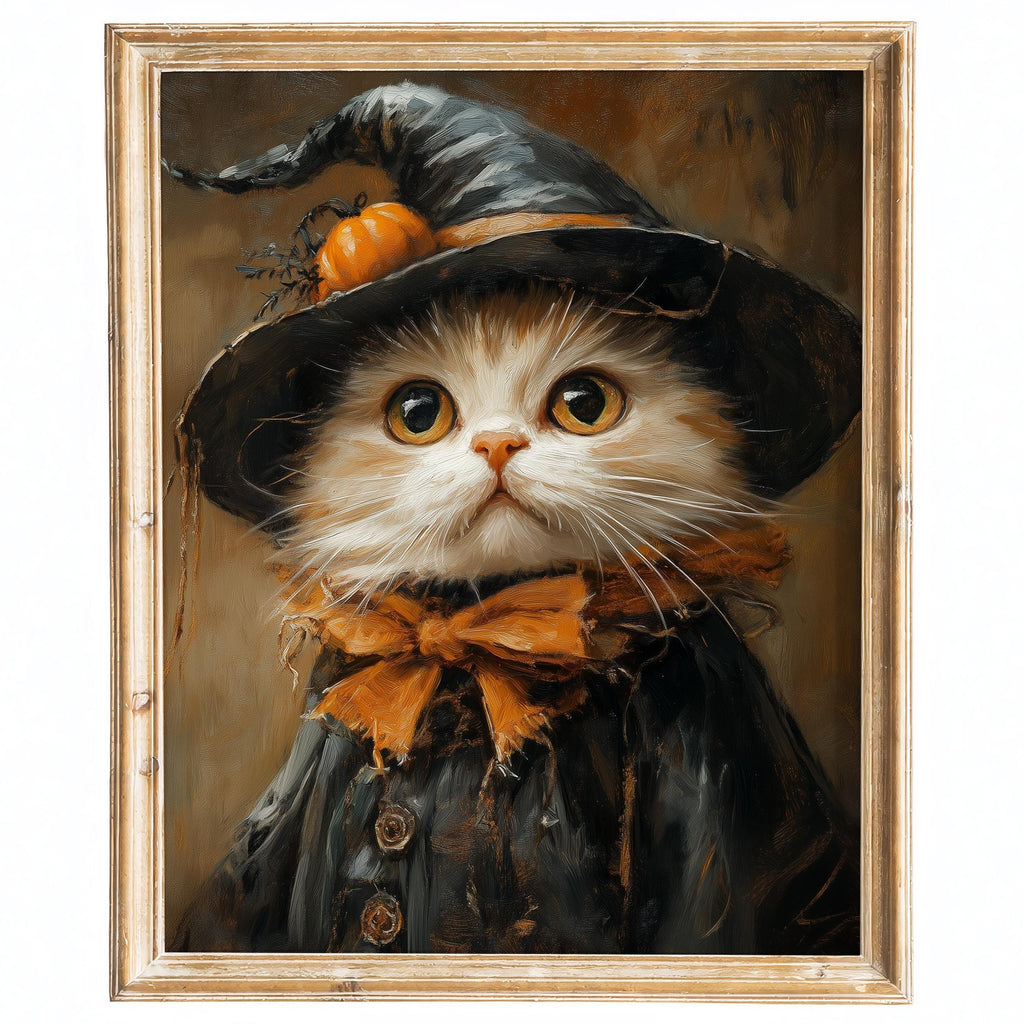 Cream Cat Witch Halloween art print framed