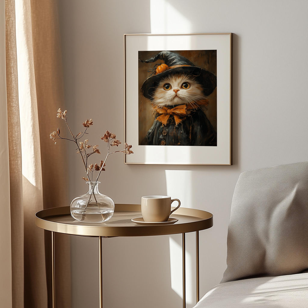Cream Cat Witch Halloween art print shown in a room setting