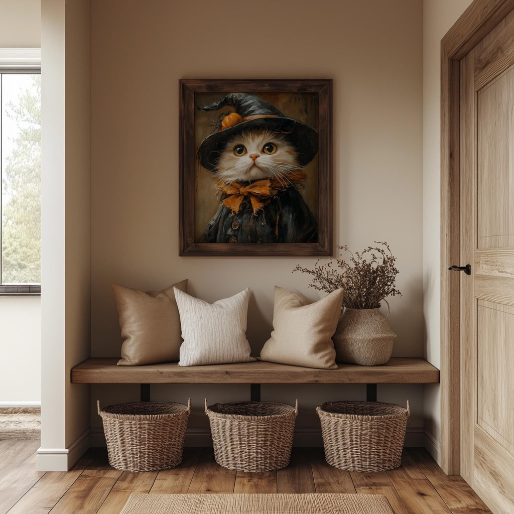 Cream Cat Witch Halloween art print shown in a room setting