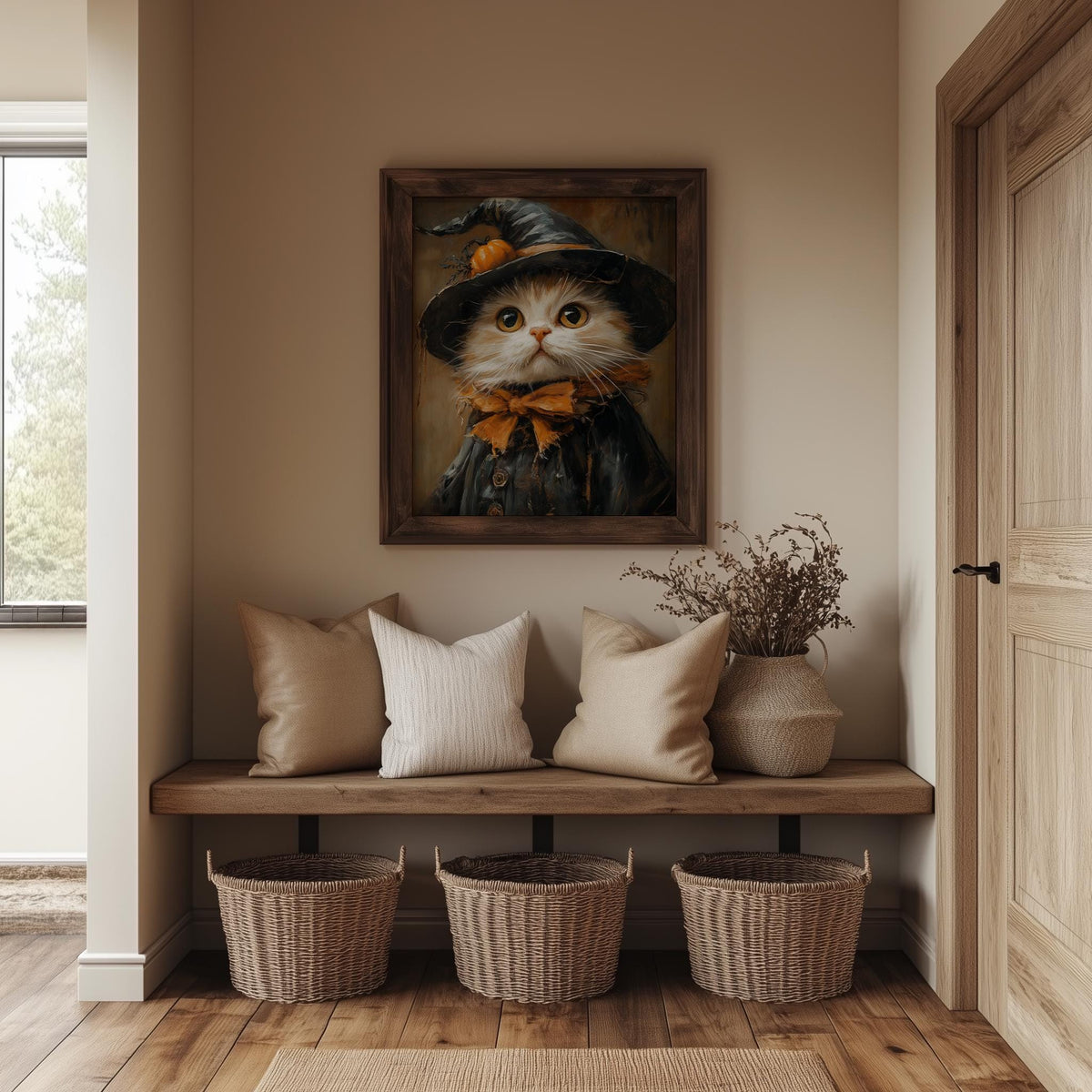 Cream Cat Witch Halloween art print shown in a room setting