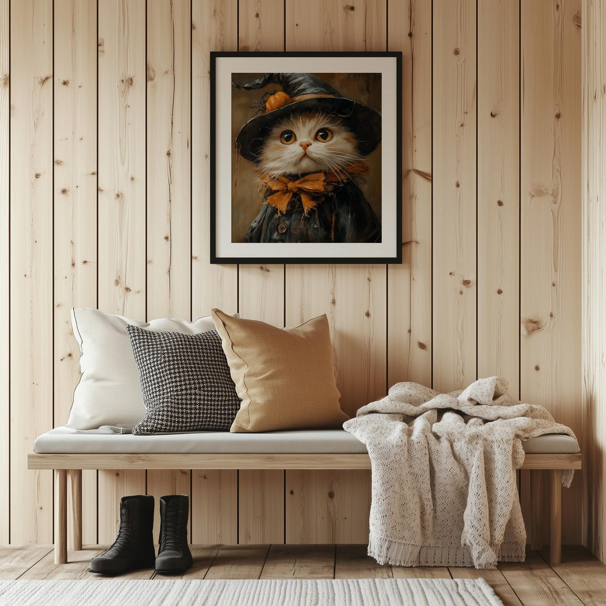 Cream Cat Witch Halloween art print shown in a room setting
