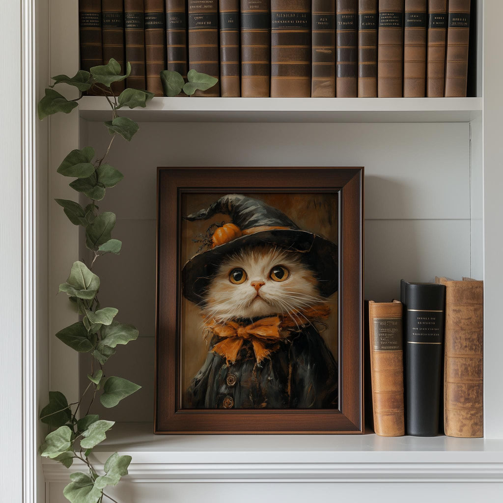Cream Cat Witch Halloween art print shown in a room setting
