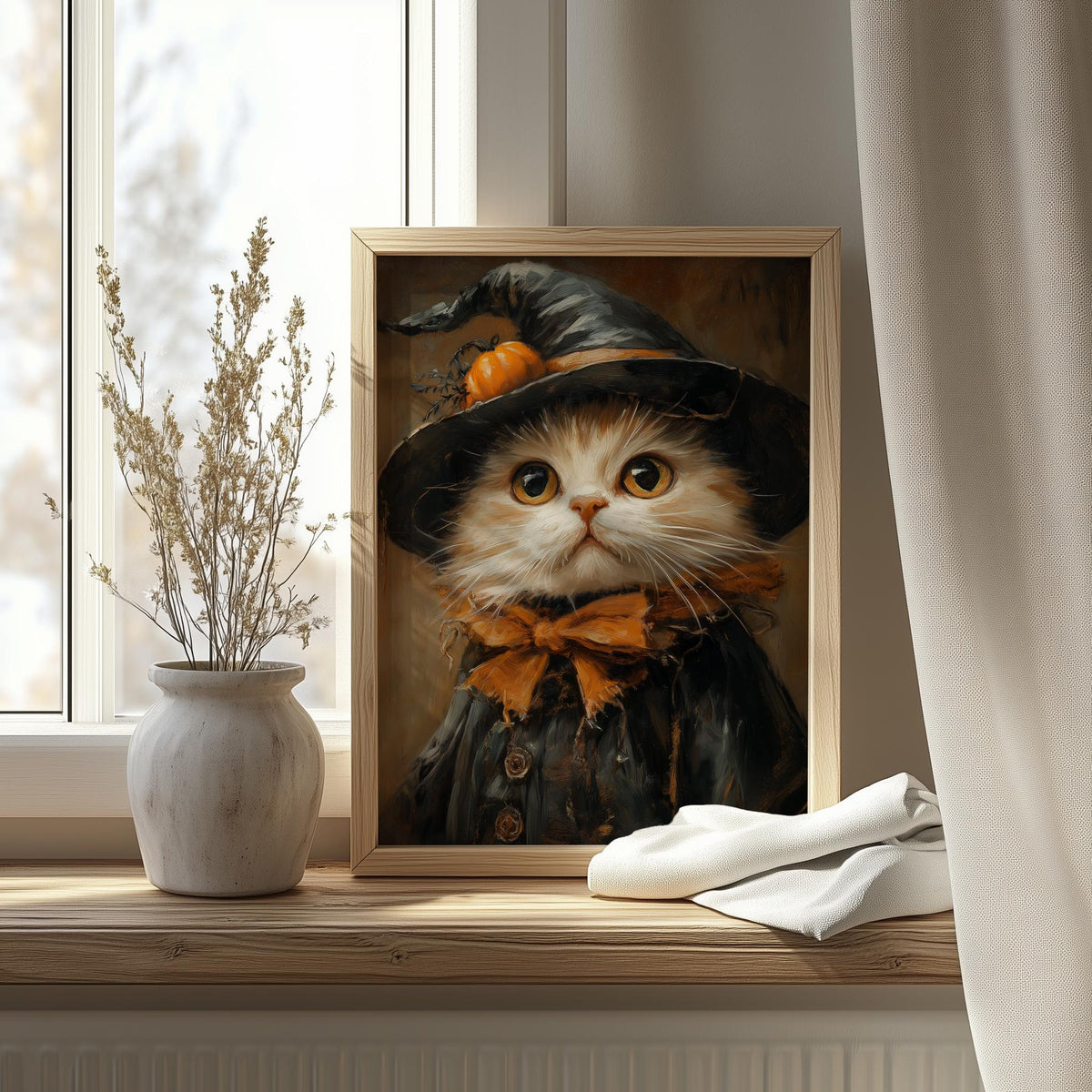 Cream Cat Witch Halloween art print shown in a room setting