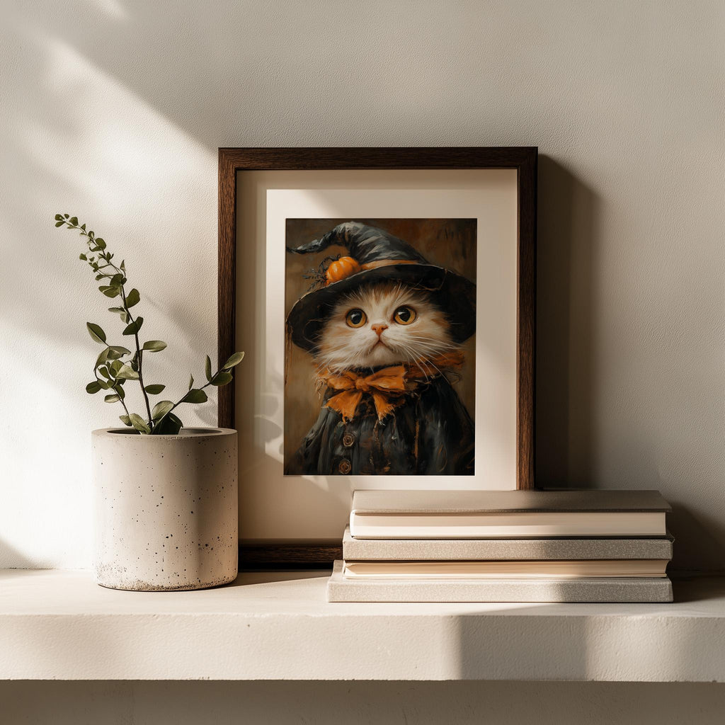 Cream Cat Witch Halloween art print shown in a room setting