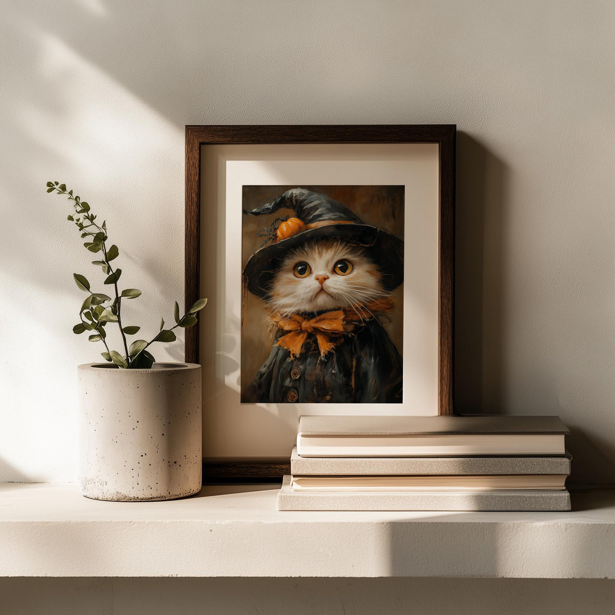 Cream Cat Witch Halloween art print shown in a room setting