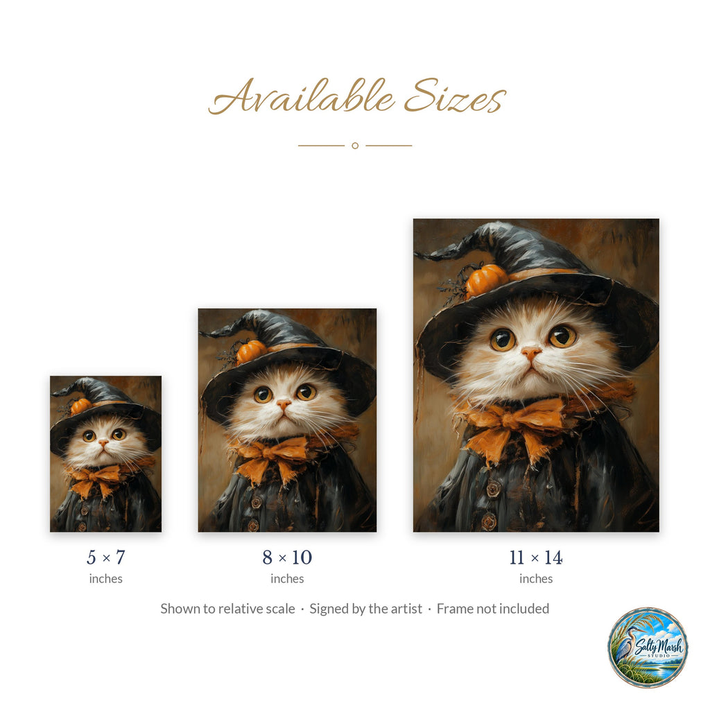 Cream Cat Witch art print size guide: 5x7, 8x10 and 11x14