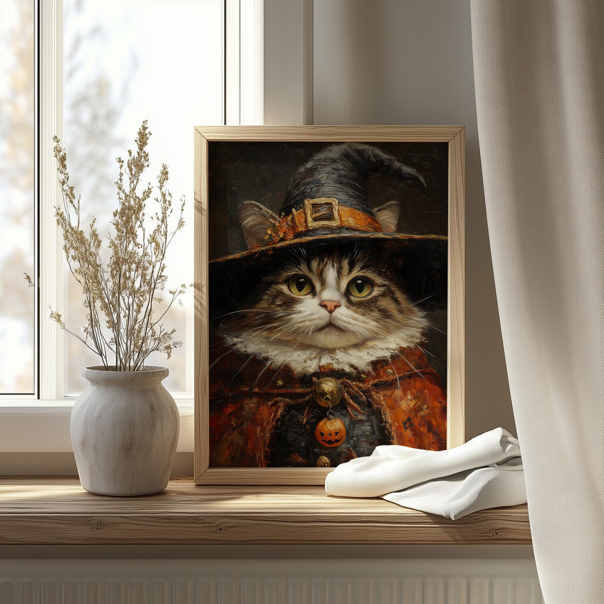 Caped Cat Witch Halloween art print shown in a room setting