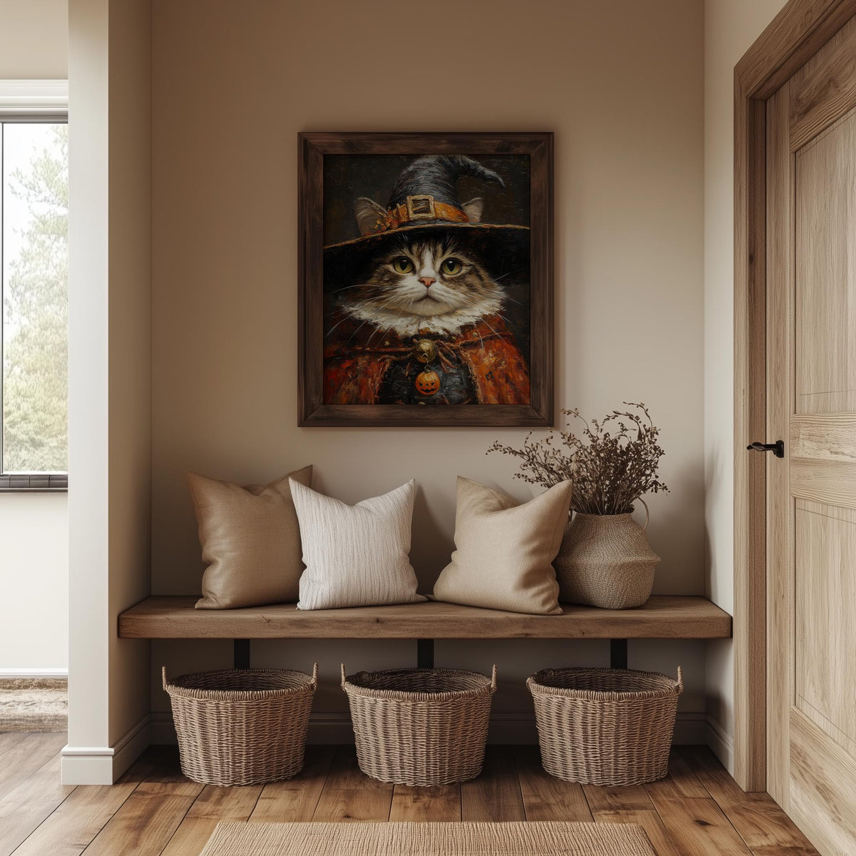 Caped Cat Witch Halloween art print shown in a room setting