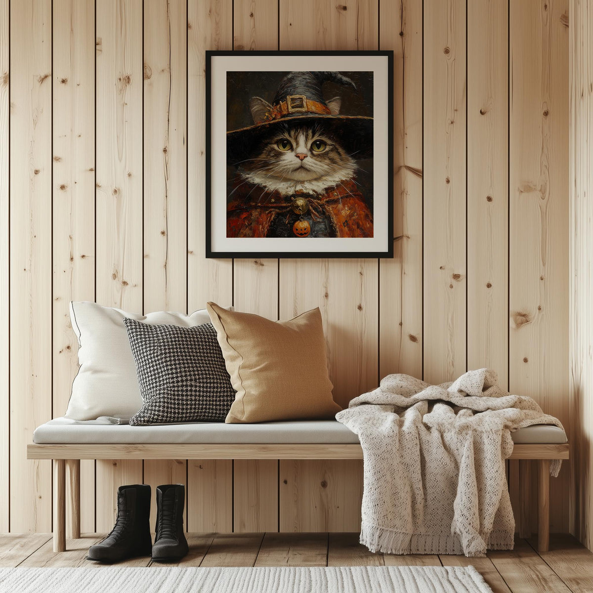 Caped Cat Witch Halloween art print shown in a room setting