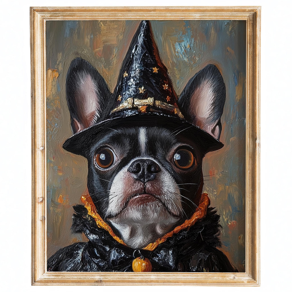Boston Terrier Witch Halloween art print framed