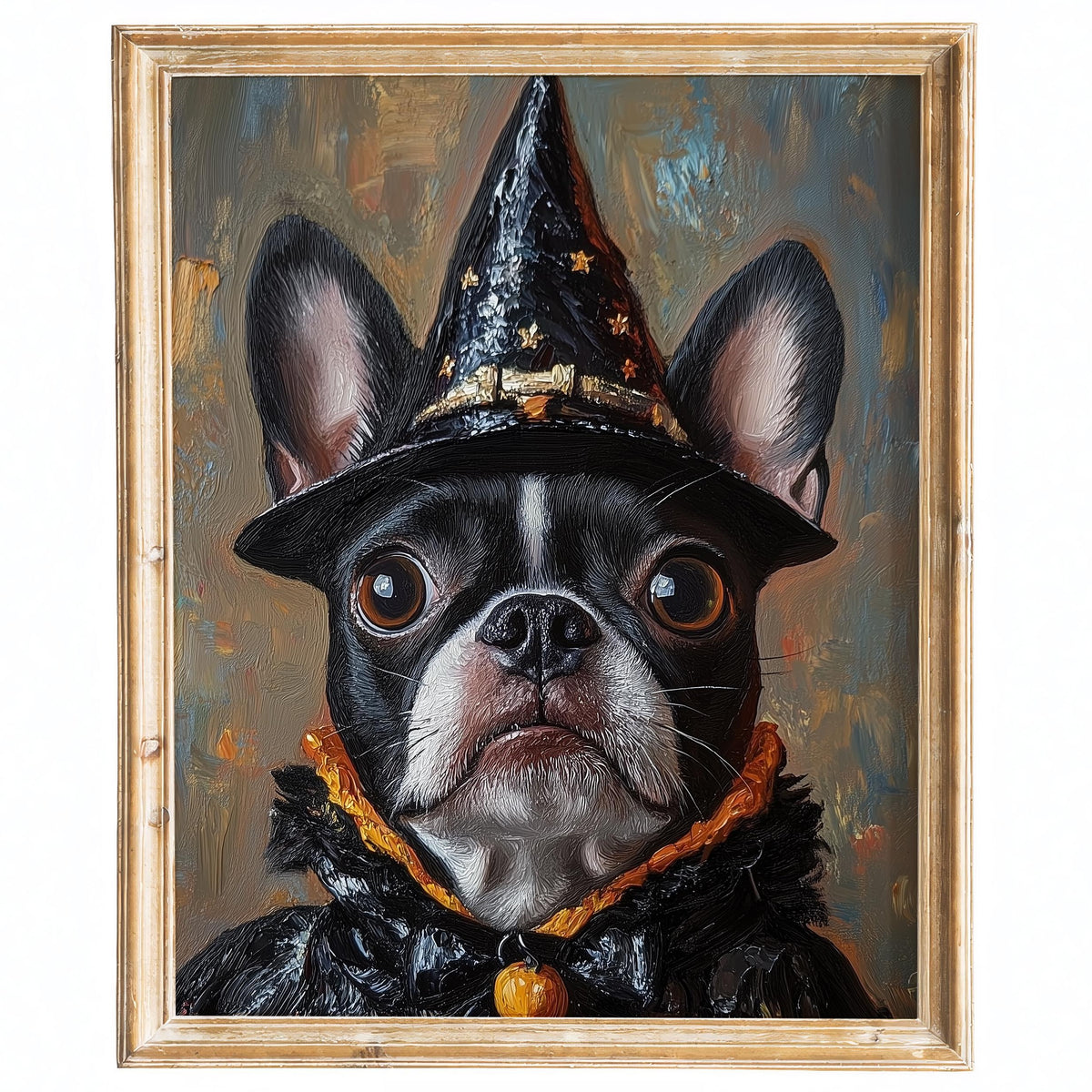 Boston Terrier Witch Halloween art print framed