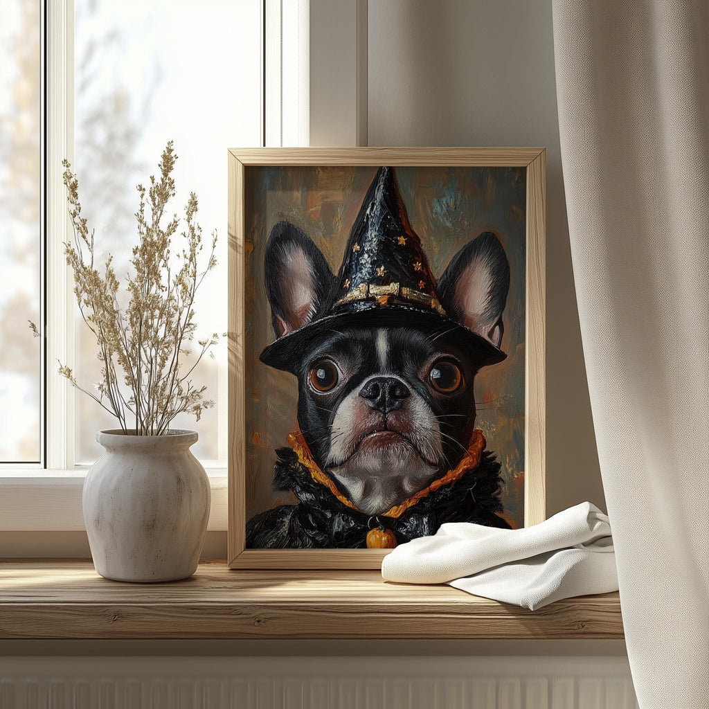 Boston Terrier Witch Halloween art print shown in a room setting