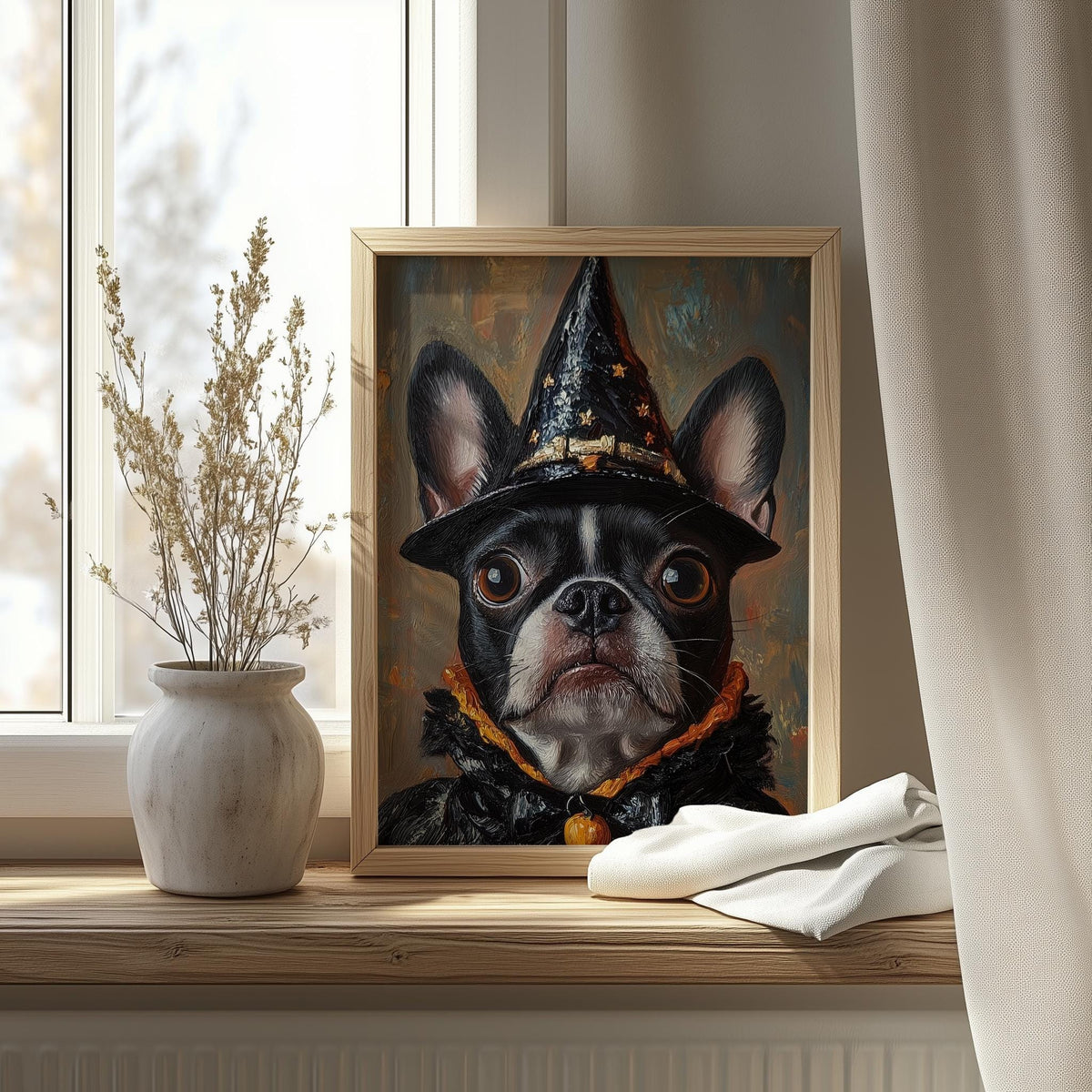 Boston Terrier Witch Halloween art print shown in a room setting