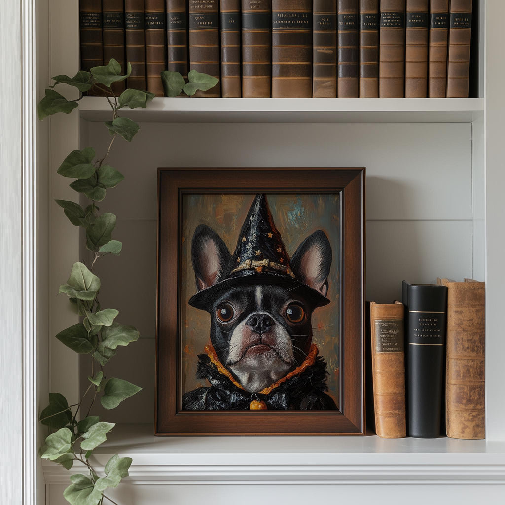 Boston Terrier Witch Halloween art print shown in a room setting