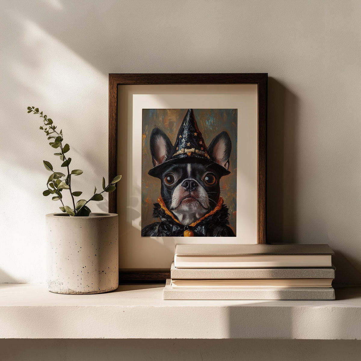 Boston Terrier Witch Halloween art print shown in a room setting