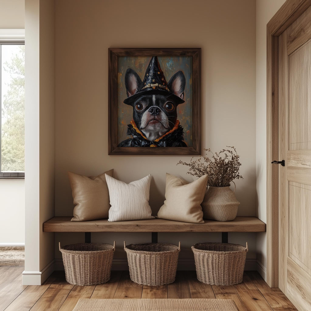 Boston Terrier Witch Halloween art print shown in a room setting