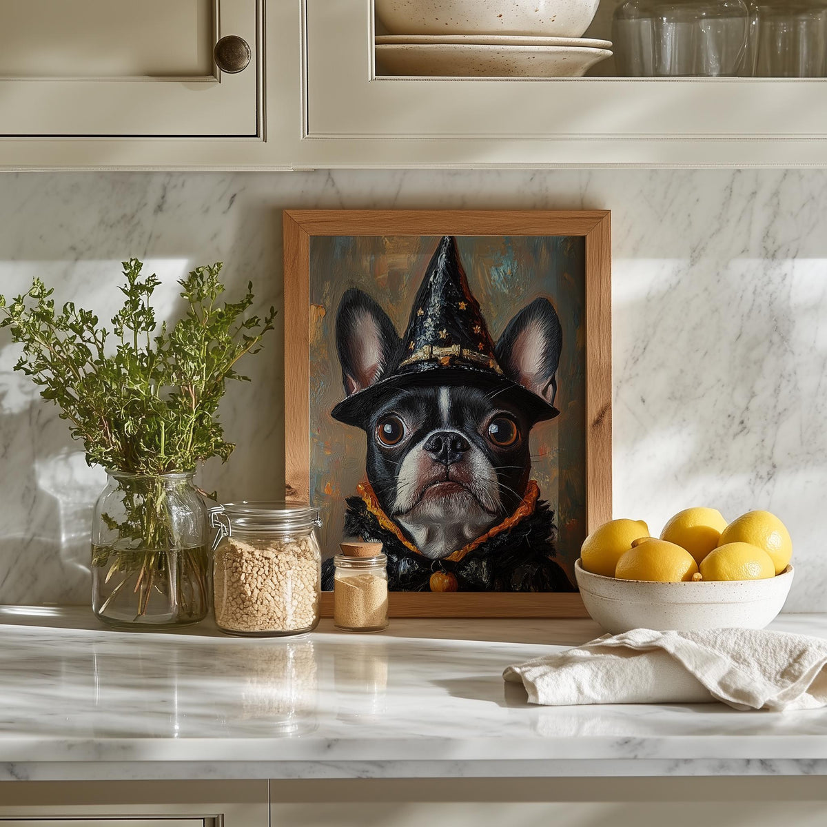 Boston Terrier Witch Halloween art print shown in a room setting