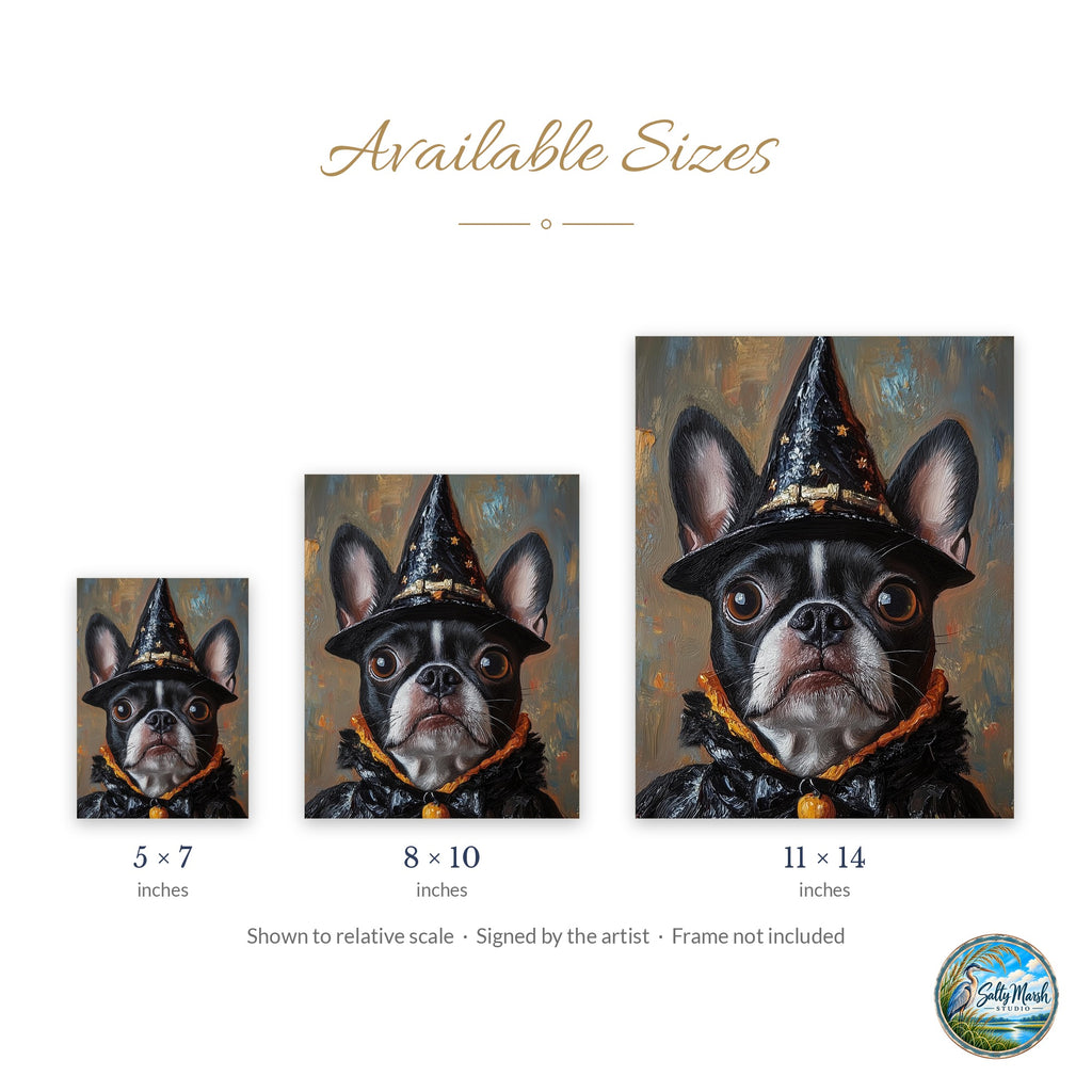 Boston Terrier Witch art print size guide: 5x7, 8x10 and 11x14