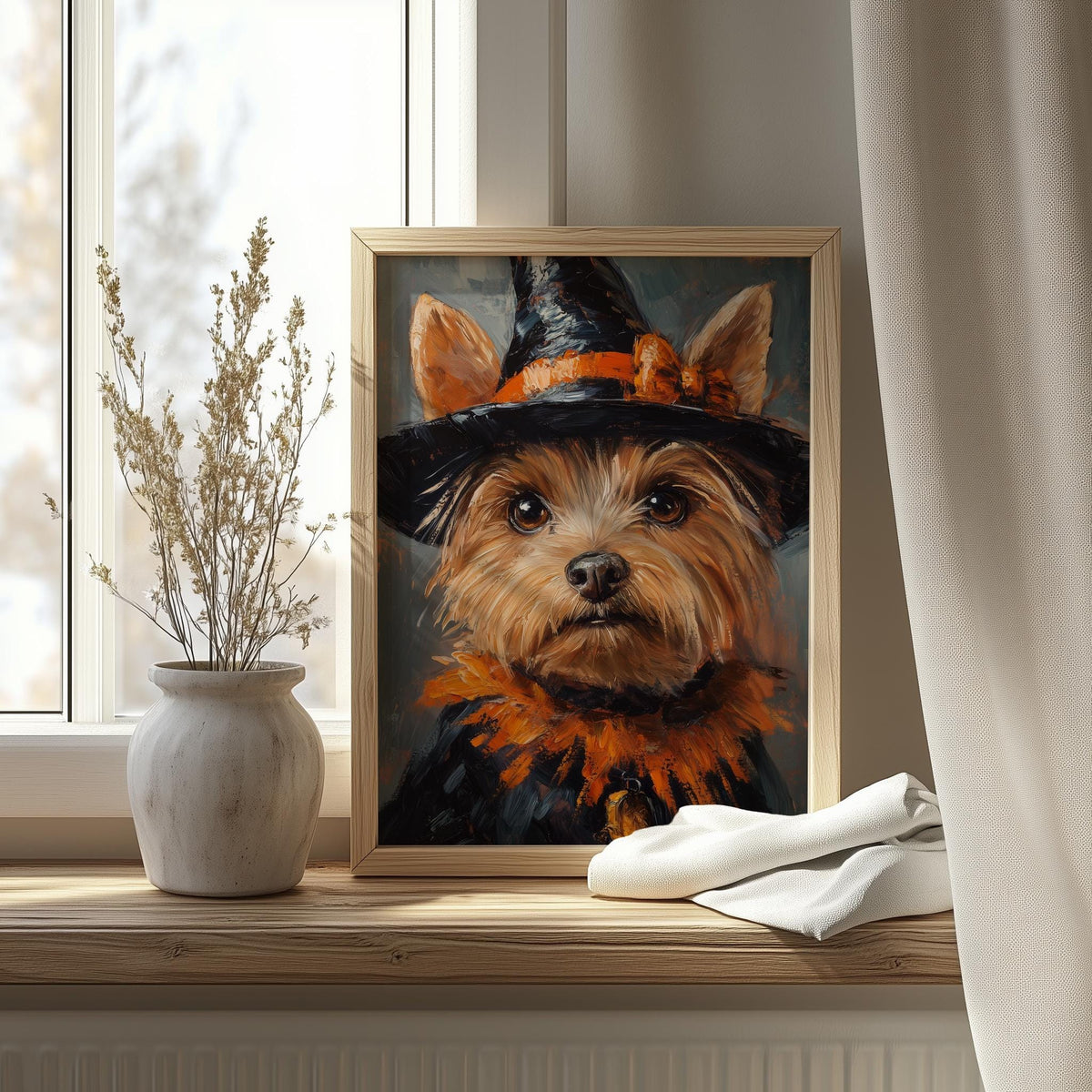 Terrier Witch Costume Halloween art print shown in a room setting