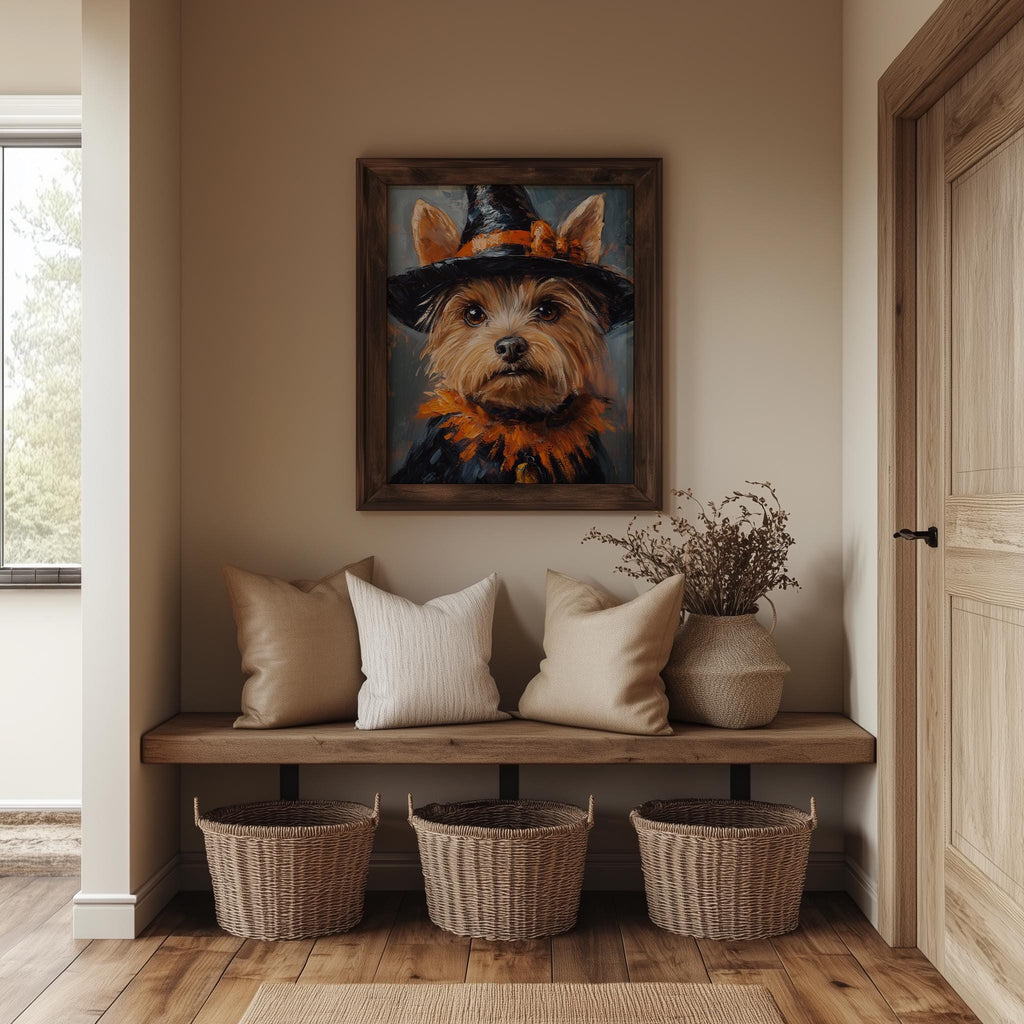 Terrier Witch Costume Halloween art print shown in a room setting