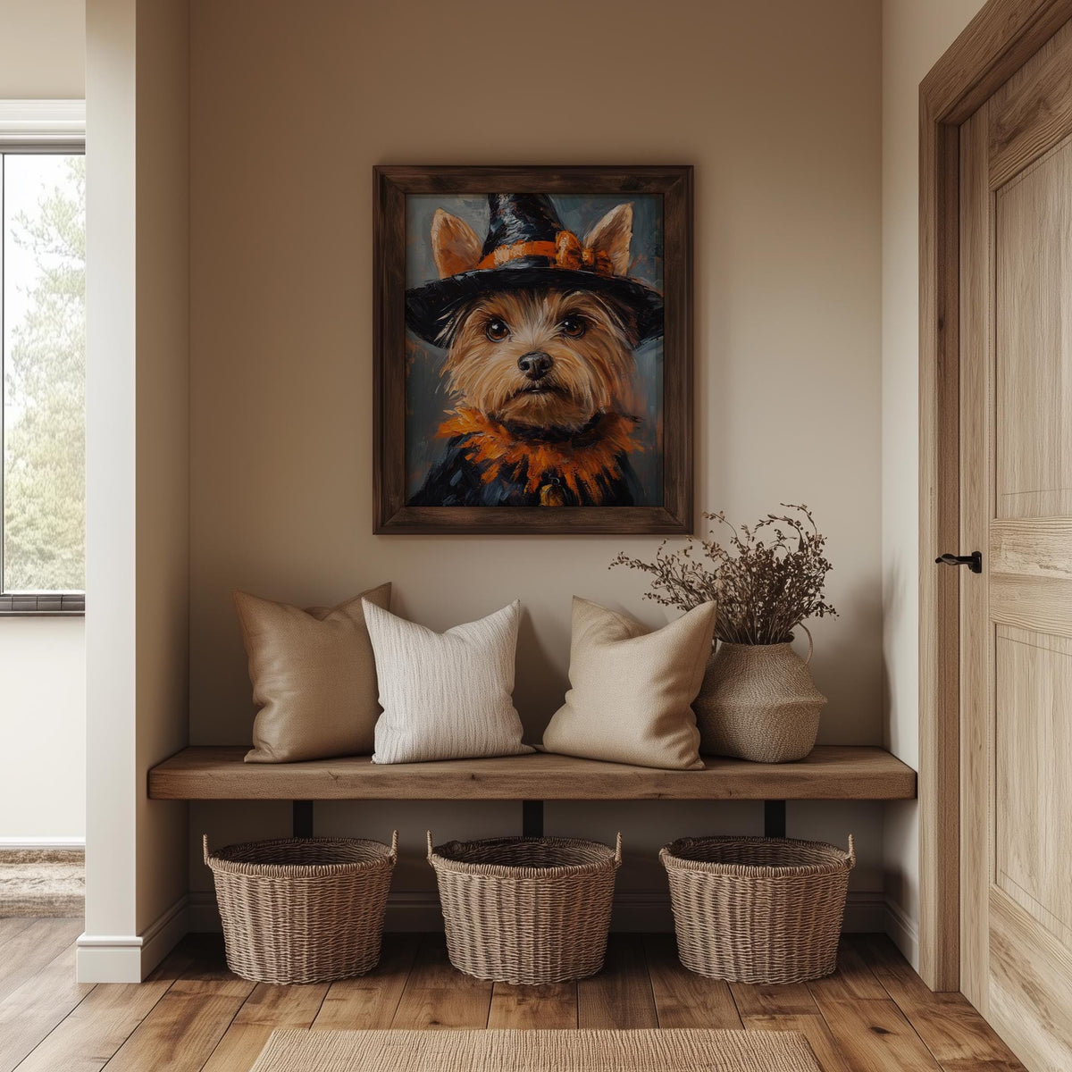 Terrier Witch Costume Halloween art print shown in a room setting