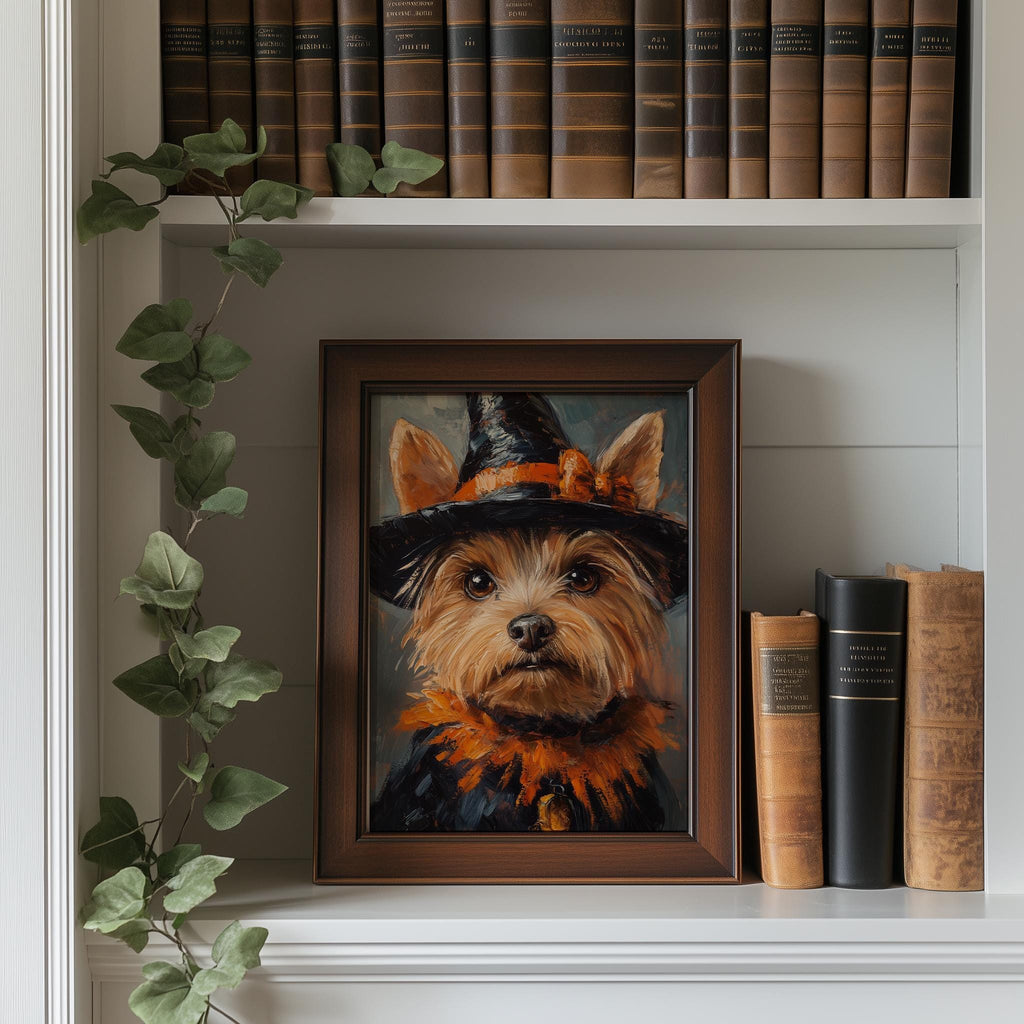 Terrier Witch Costume Halloween art print shown in a room setting