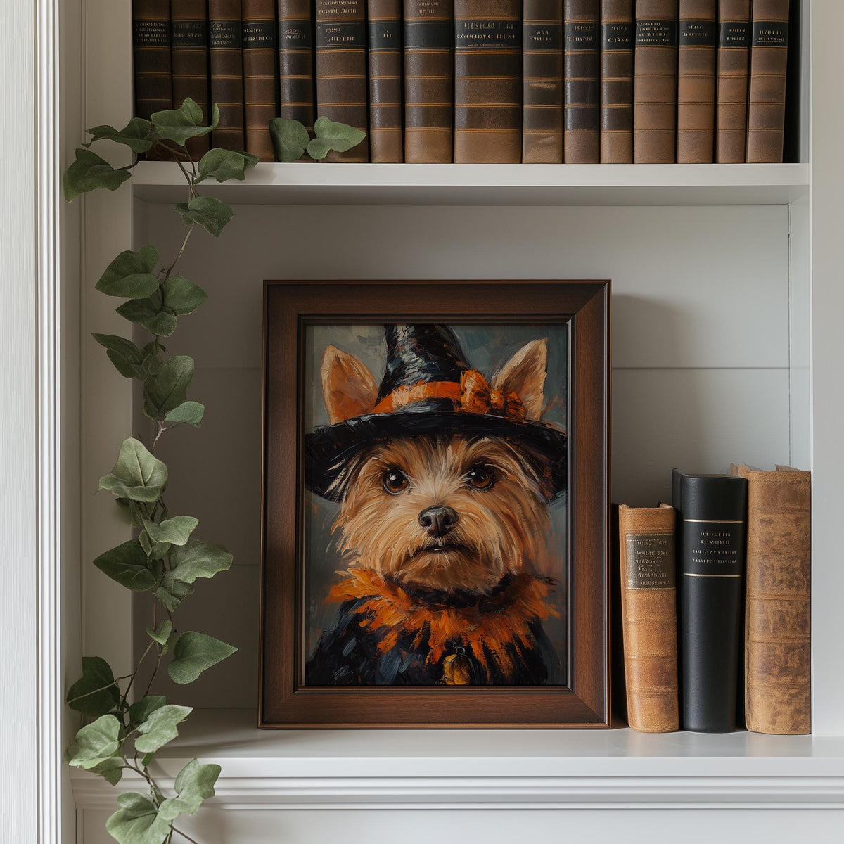 Terrier Witch Costume Halloween art print shown in a room setting