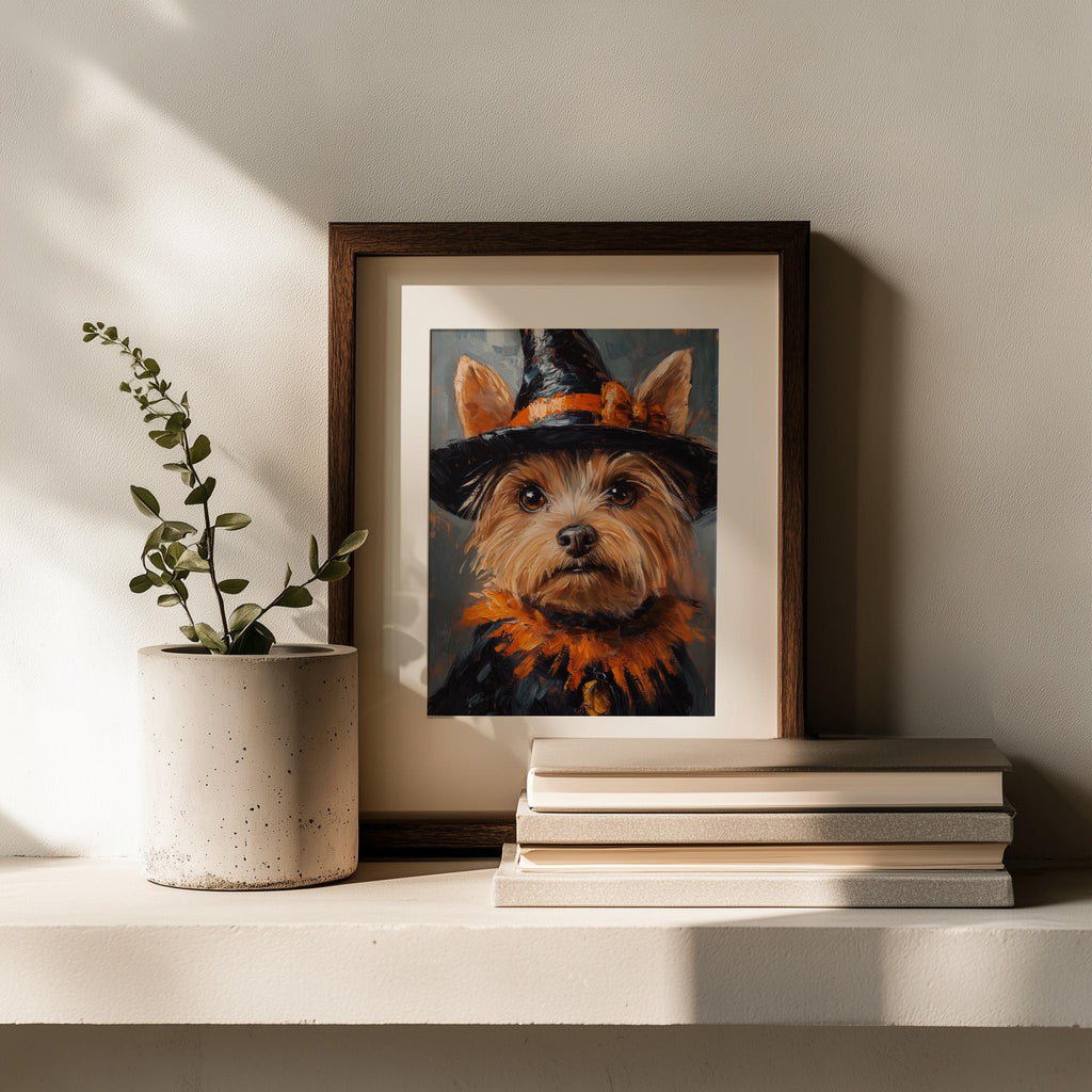 Terrier Witch Costume Halloween art print shown in a room setting