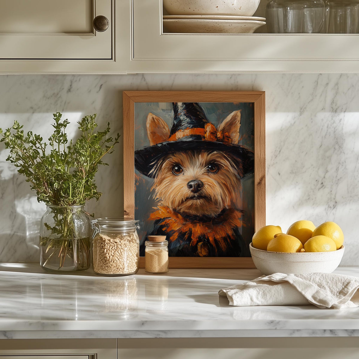 Terrier Witch Costume Halloween art print shown in a room setting