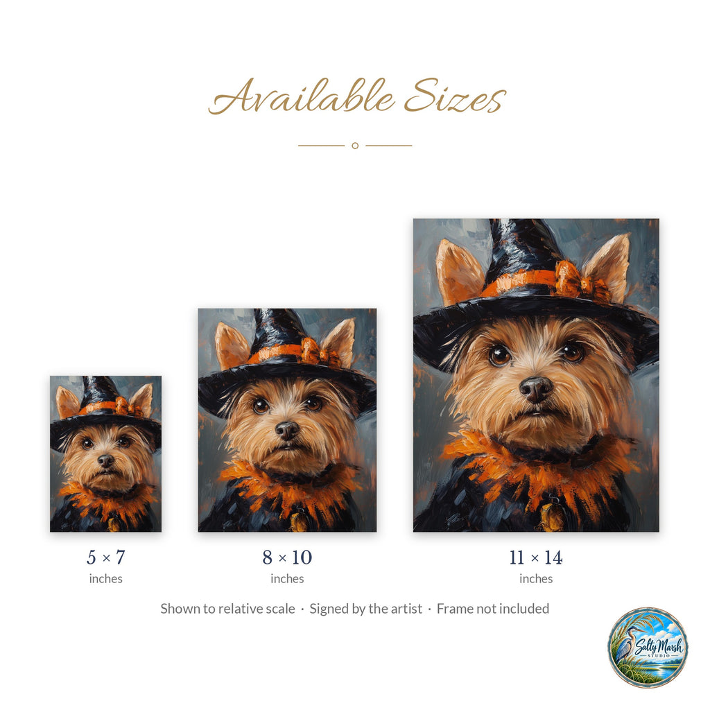 Terrier Witch Costume art print size guide: 5x7, 8x10 and 11x14