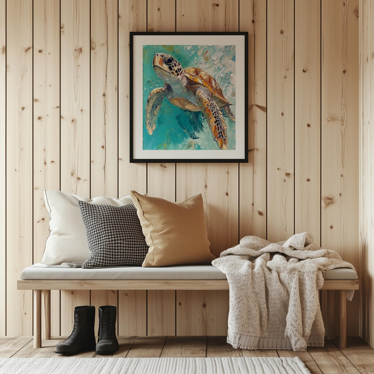 Turquoise Sea Turtle animal art print shown in a room setting