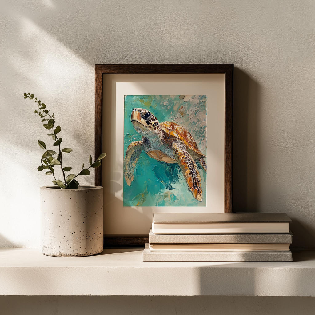 Turquoise Sea Turtle animal art print shown in a room setting