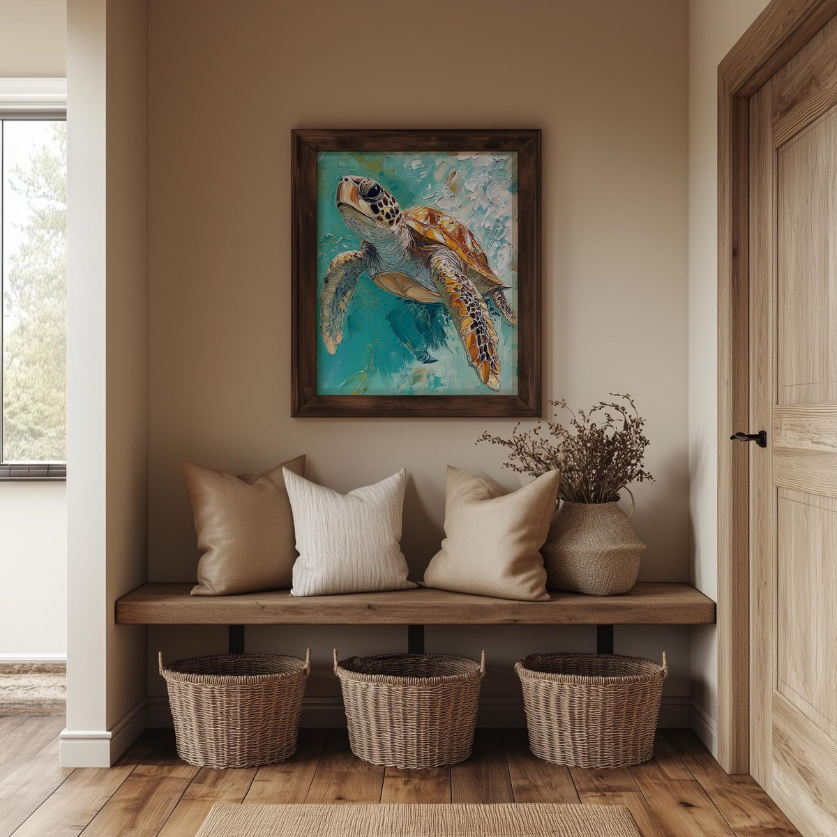 Turquoise Sea Turtle animal art print shown in a room setting