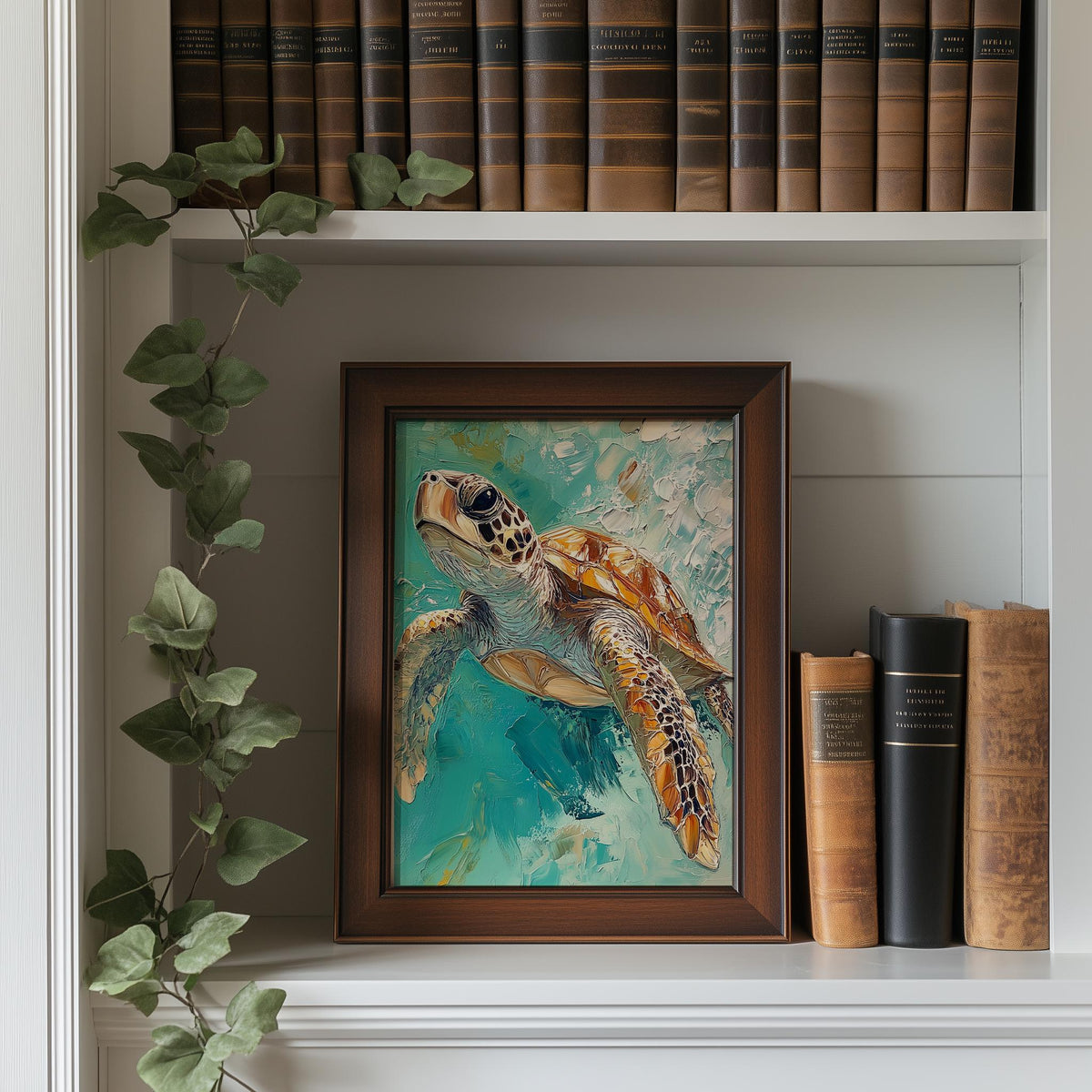 Turquoise Sea Turtle animal art print shown in a room setting