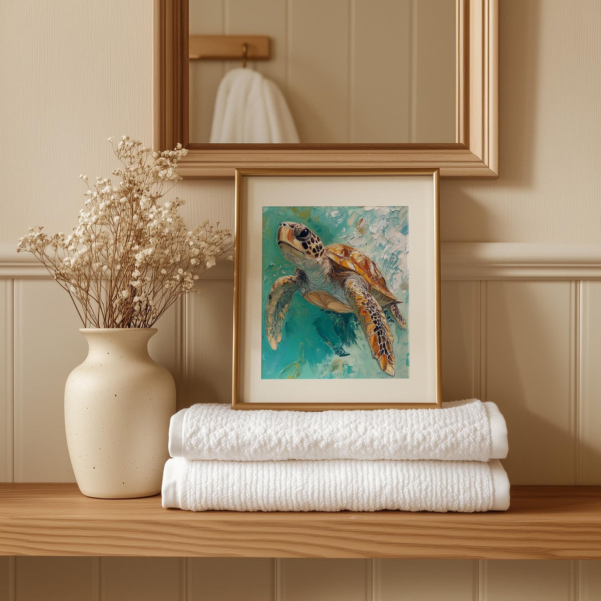 Turquoise Sea Turtle animal art print shown in a room setting