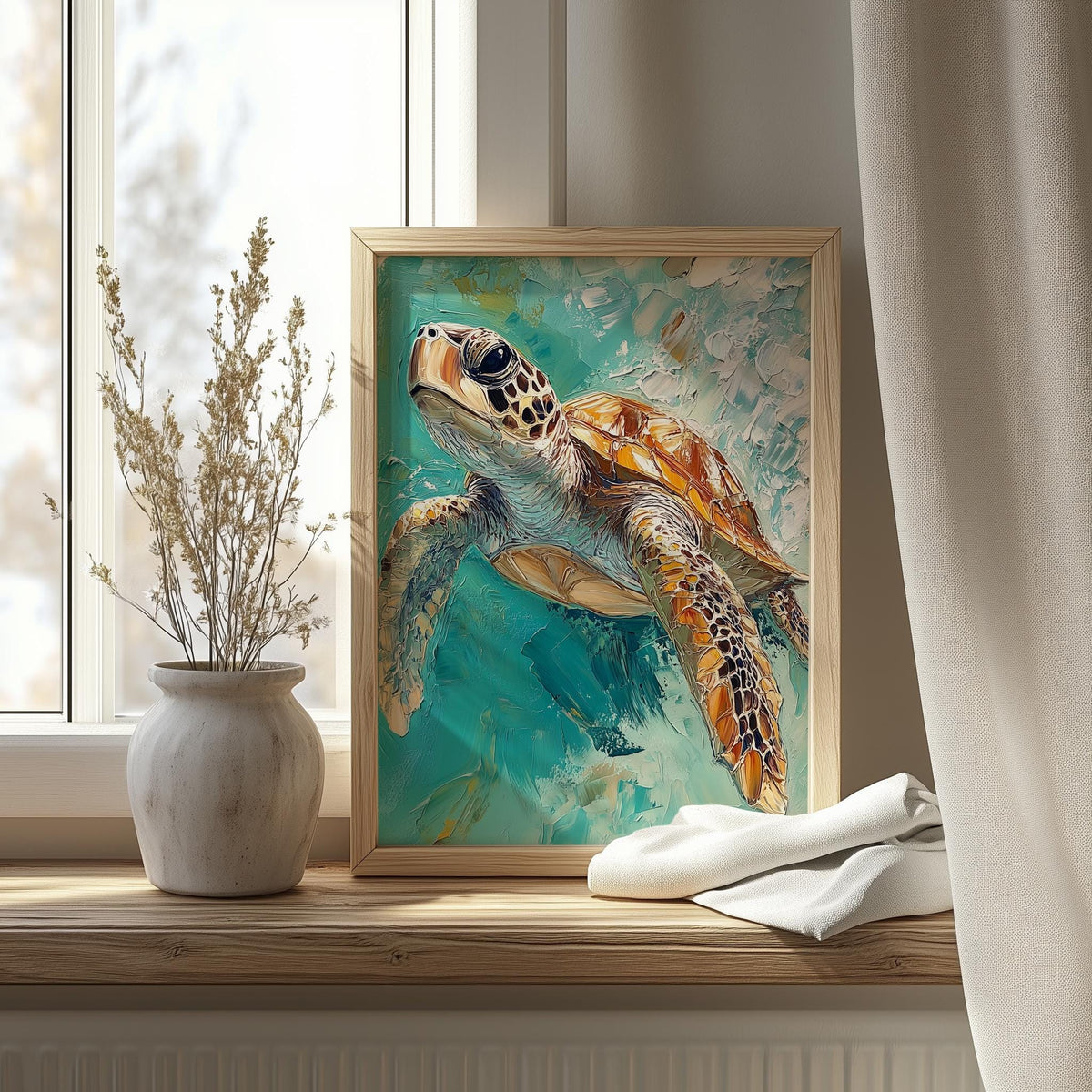 Turquoise Sea Turtle animal art print shown in a room setting