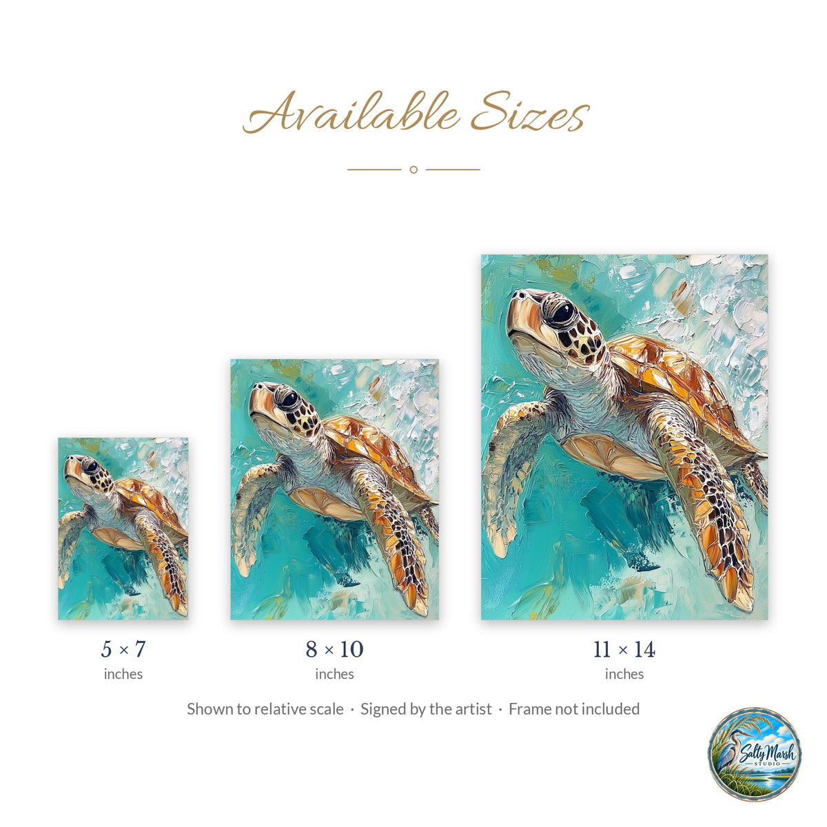 Turquoise Sea Turtle art print size guide: 5x7, 8x10 and 11x14